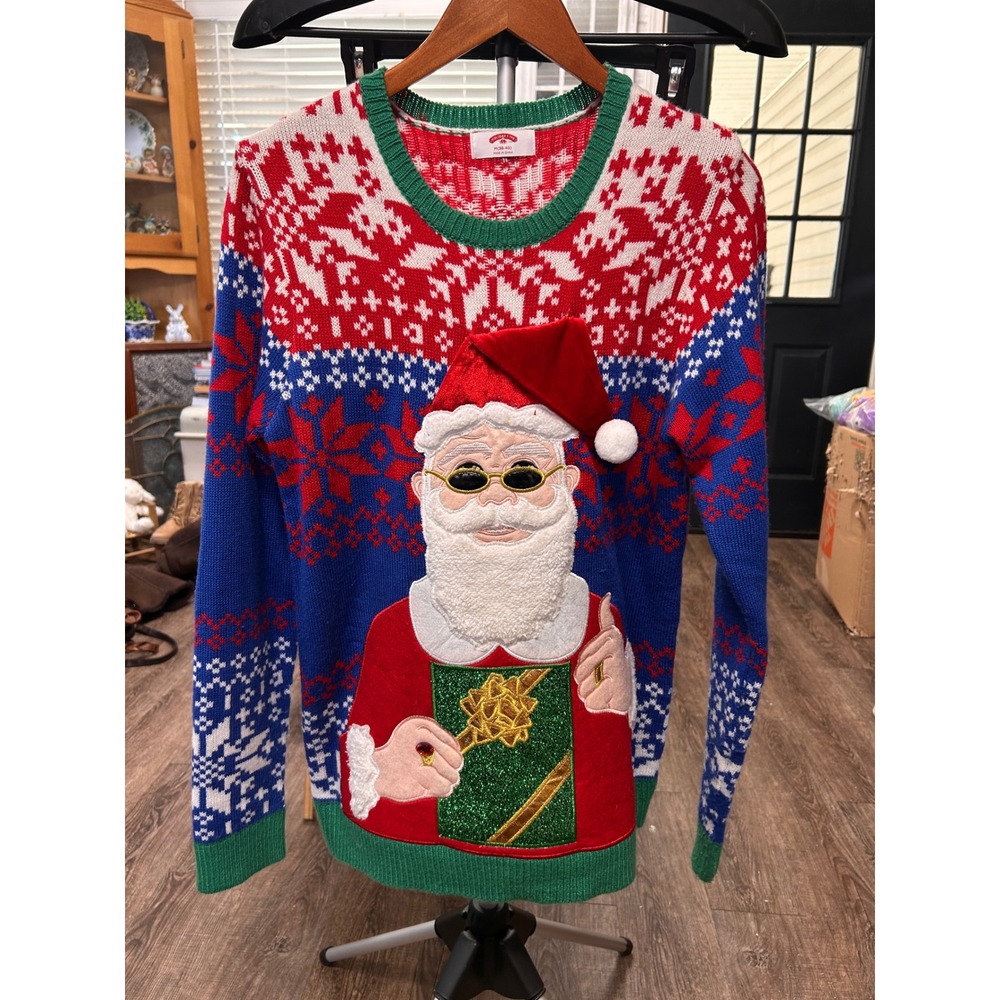 Holiday Time Mens Ugly Christmas Sweater Santa Sunglasses Fair Isle Blue Red M